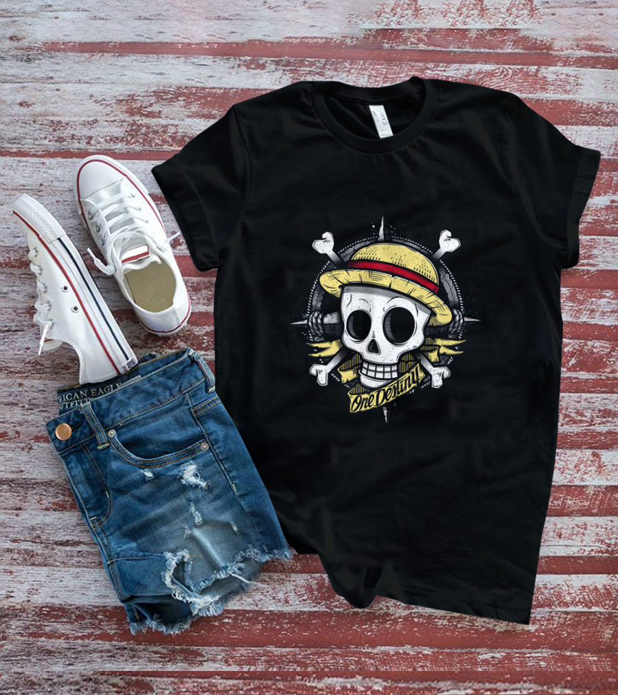 One Destiny Skull Straw Hat Pirate Star Compass T-Shirt