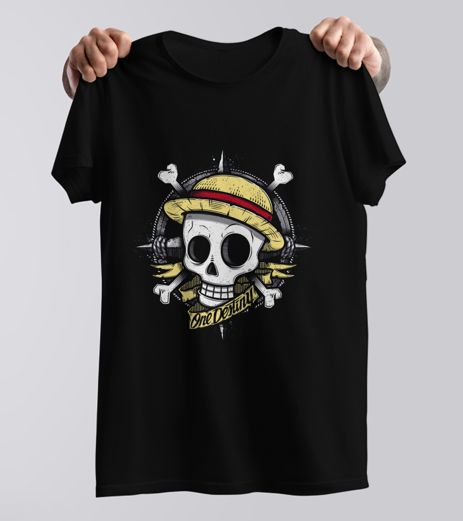 One Destiny Skull Straw Hat Pirate Star Compass T-Shirt