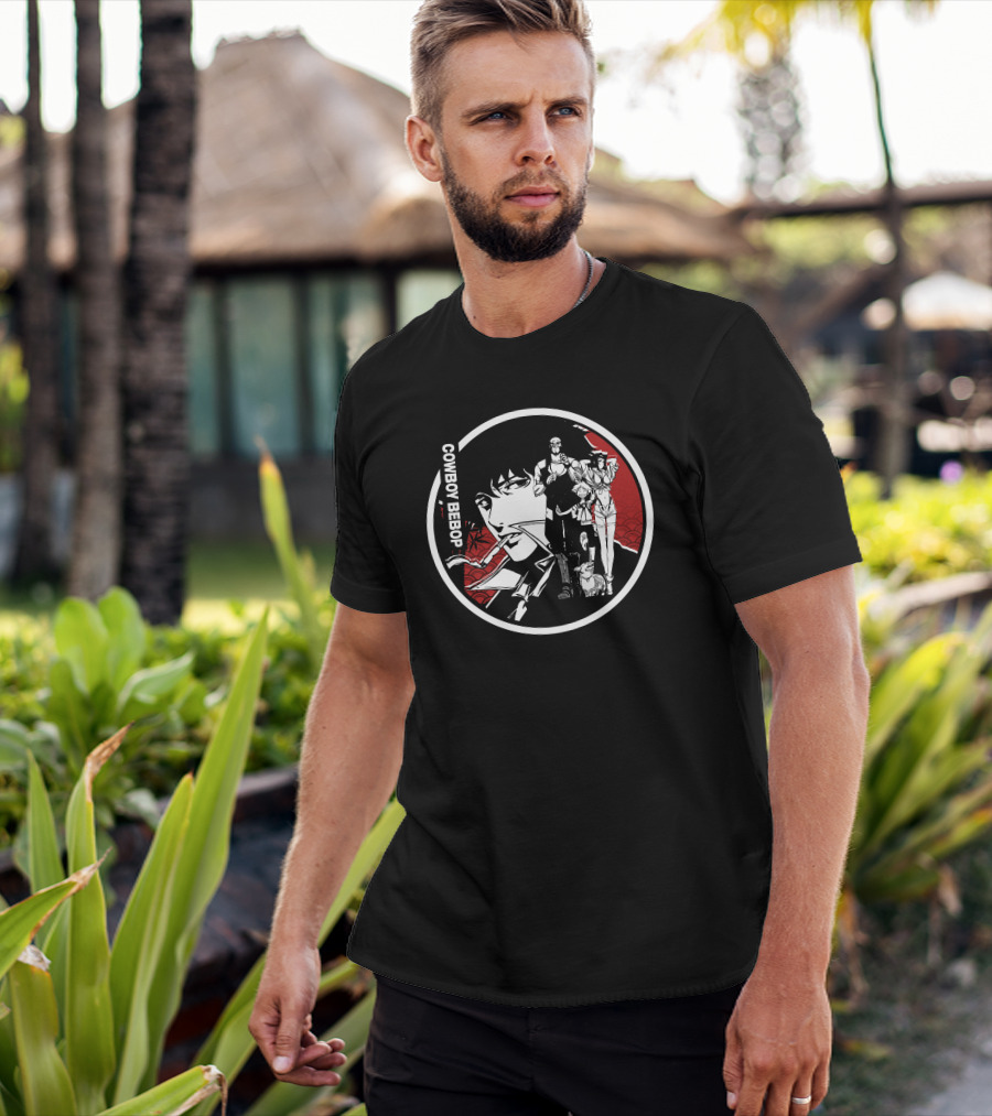 COWBOY BEBOP Spike Jet Faye Ed Ein Anime Group Black Red Circle T-Shirt