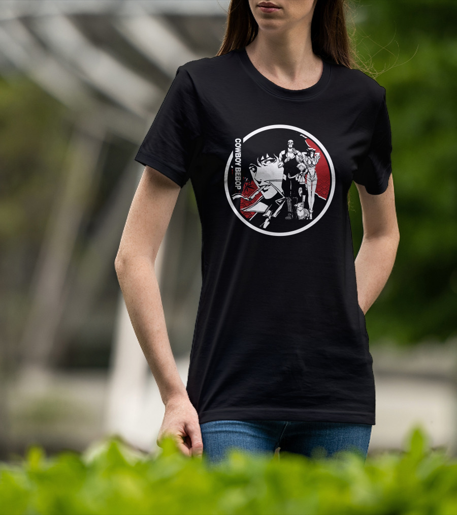 COWBOY BEBOP Spike Jet Faye Ed Ein Anime Group Black Red Circle T-Shirt