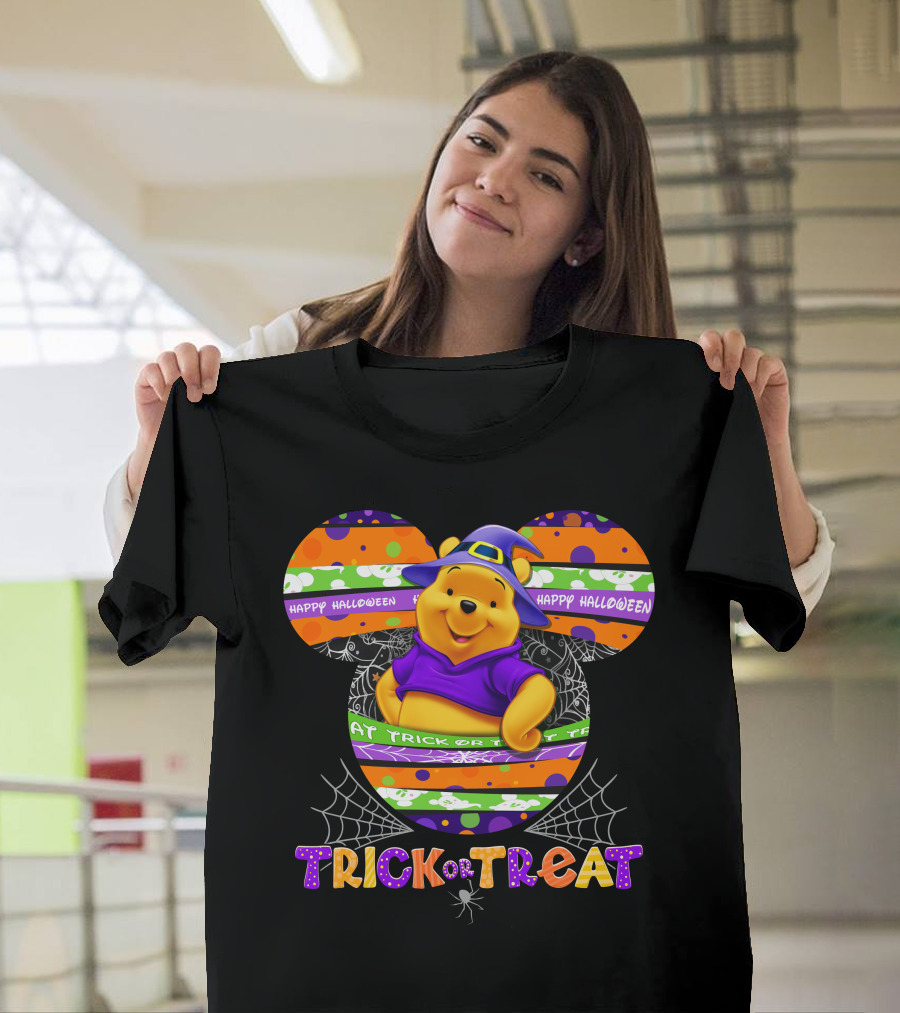 Happy Halloween Trick Or Treat Pooh Witch Hat Spiderwebs T-Shirt