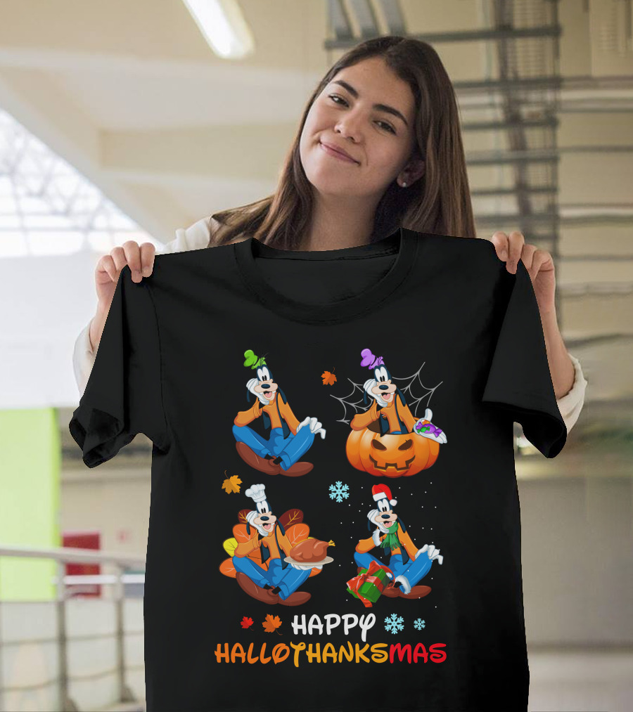 Happy Hallothanksmas Goofy Pumpkin Turkey Gift Leaves Snowflakes T-Shirt