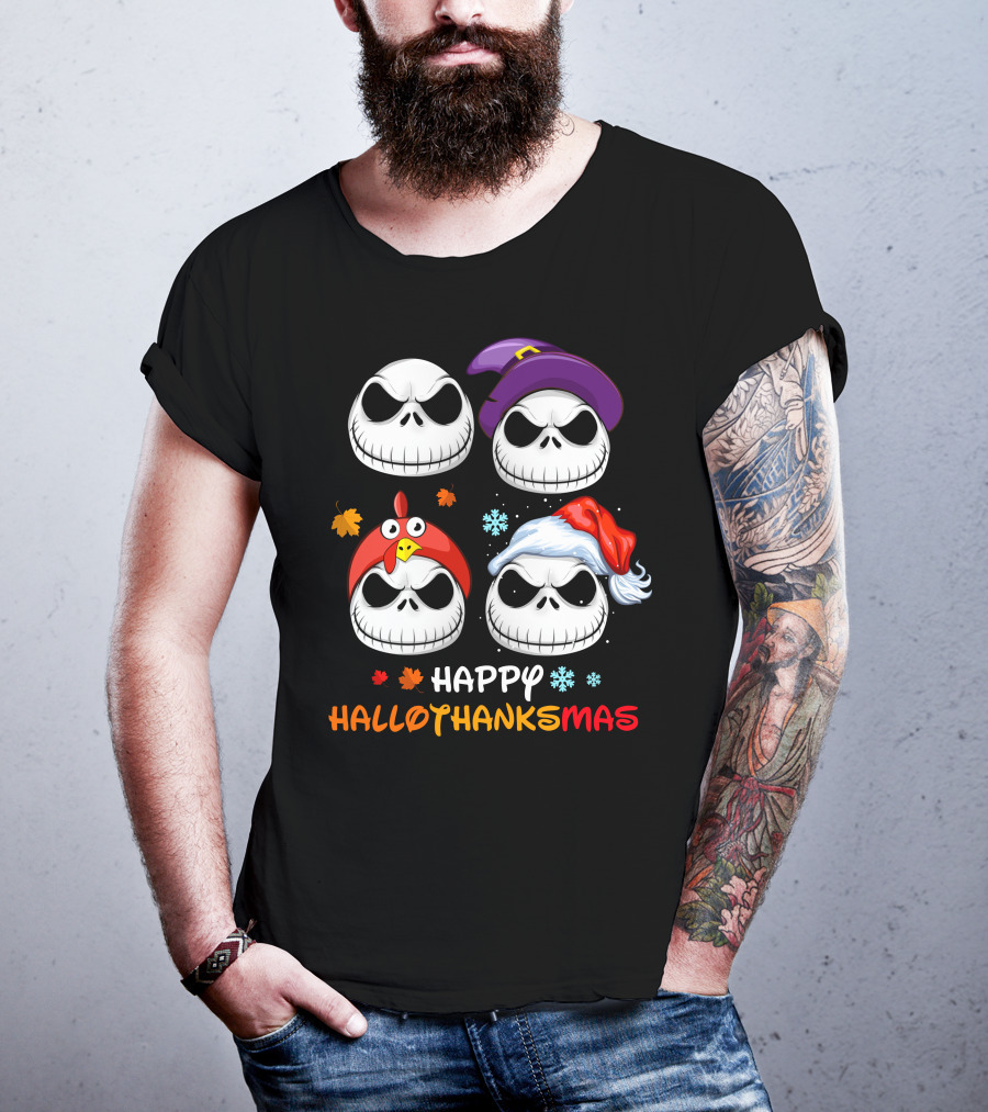 Happy Hallothanksmas Jack Faces With Witch Turkey Santa Hats T-Shirt