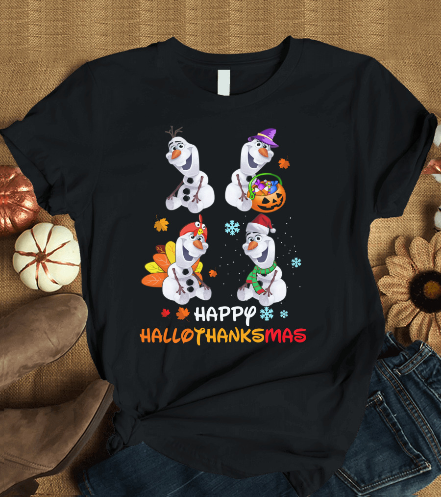 Happy Hallothanksmas Olaf Snowman Seasonal Celebration T-Shirt