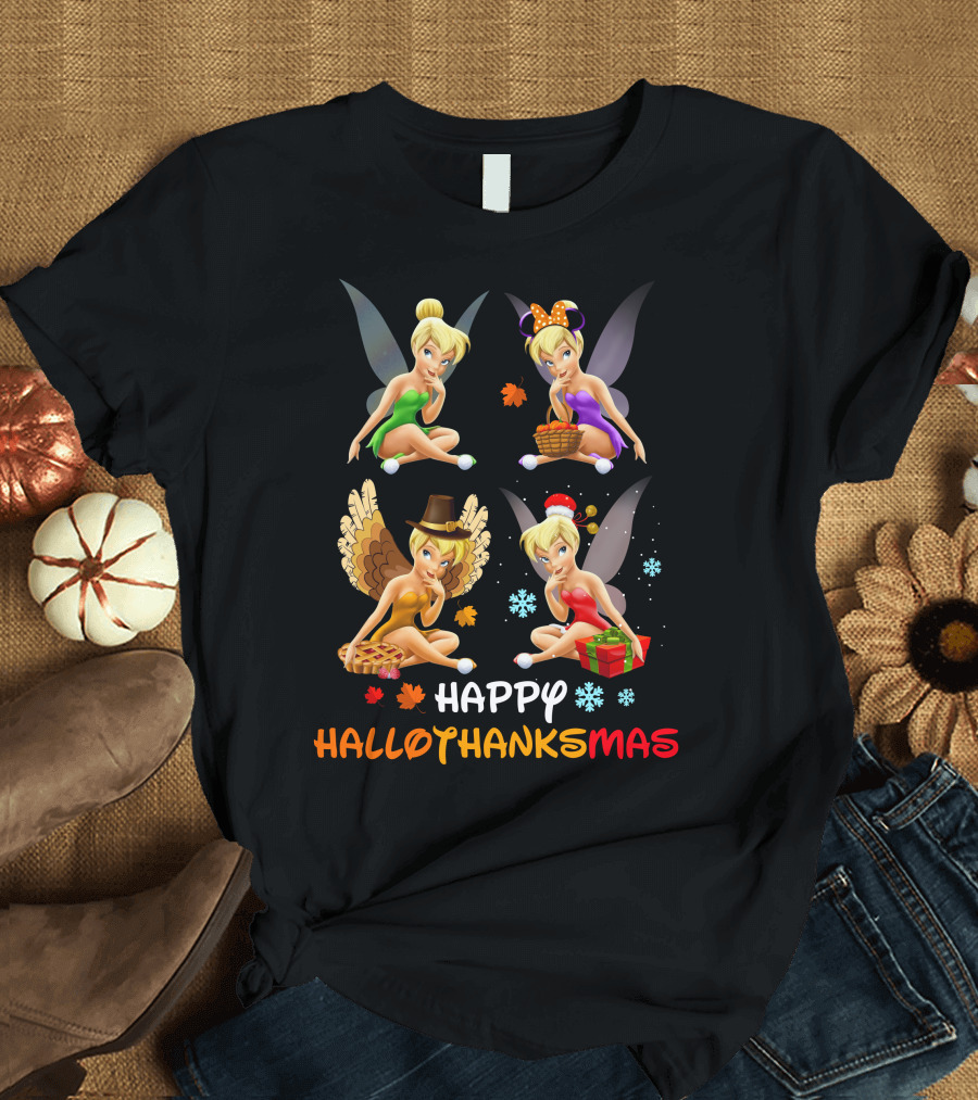 Happy Hallothanksmas Tinker Bell Halloween Thanksgiving Christmas T-Shirt