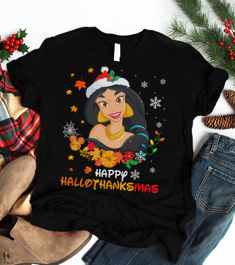 Jasmine Happy Hallothanksmas Snowflakes Autumn Leaves Santa Hat T-Shirt