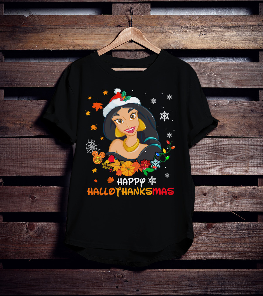 Jasmine Happy Hallothanksmas Snowflakes Autumn Leaves Santa Hat T-Shirt