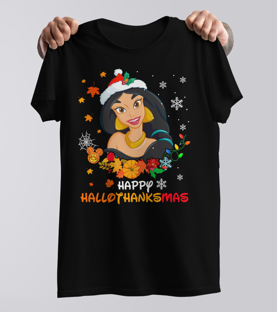 Jasmine Happy Hallothanksmas Snowflakes Autumn Leaves Santa Hat T-Shirt