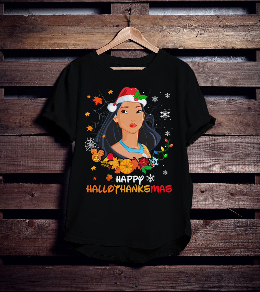 Happy Hallothanksmas Pocahontas Santa Hat Pumpkin Leaves Snowflakes T-Shirt