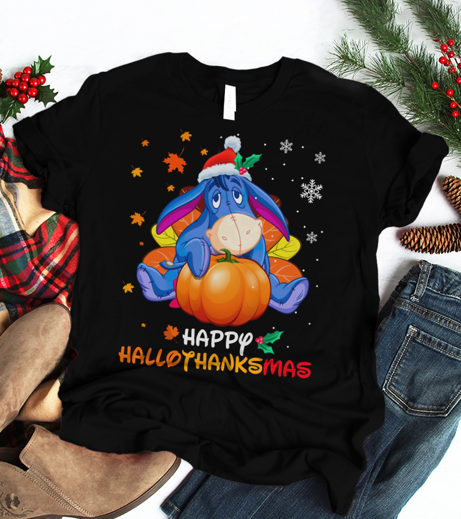 Happy Hallowthanksmas Eeyore Pumpkin Santa Hat Snowflakes Leaves Holiday T-Shirt