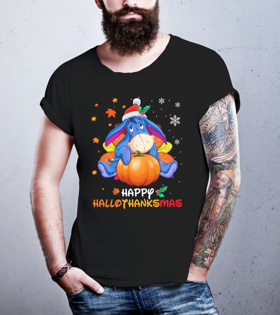 Happy Hallowthanksmas Eeyore Pumpkin Santa Hat Snowflakes Leaves Holiday T-Shirt