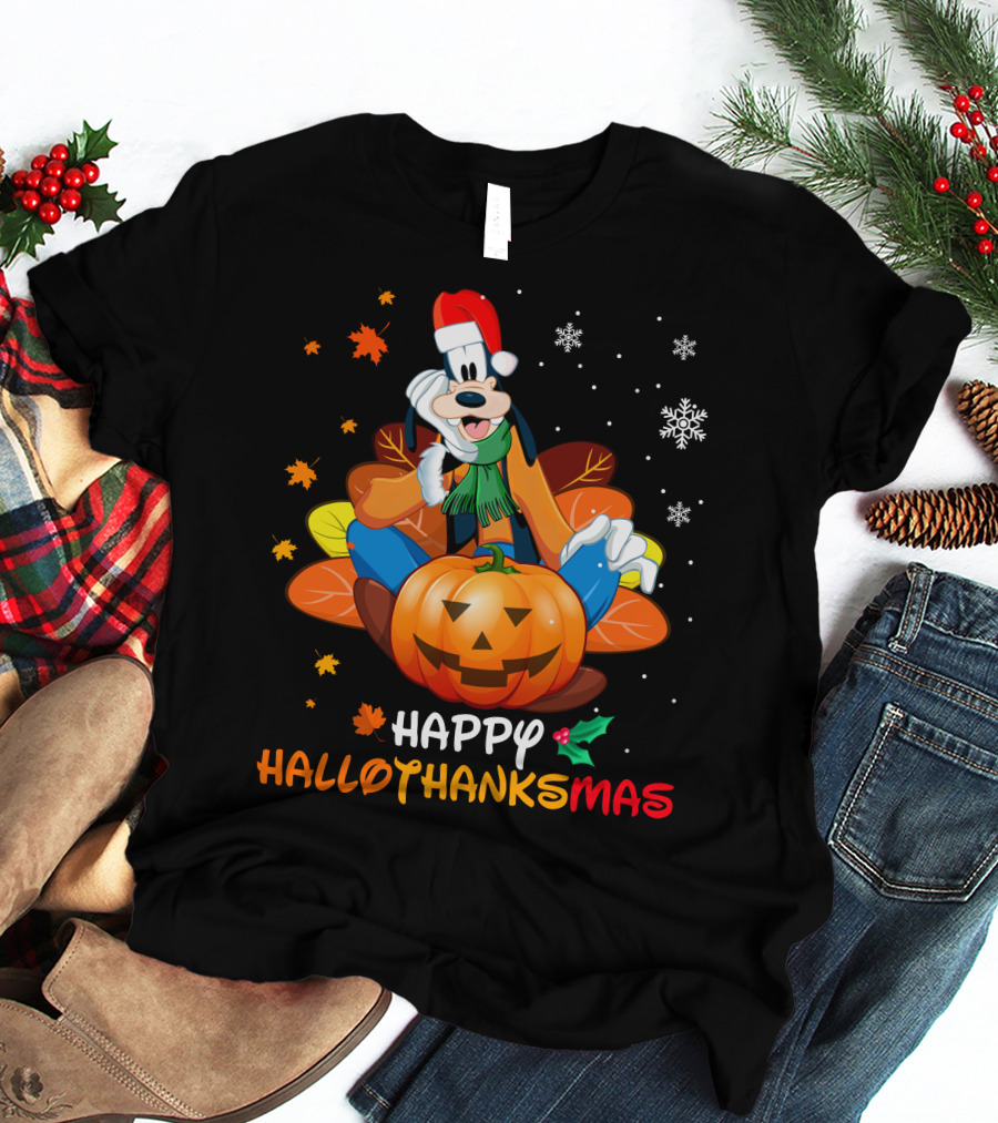 Happy Hallothanksmas Goober Leaves Pumpkin Snowflakes Santa Hat T-Shirt