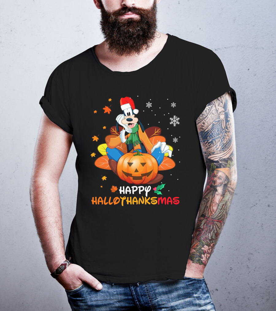 Happy Hallothanksmas Goober Leaves Pumpkin Snowflakes Santa Hat T-Shirt