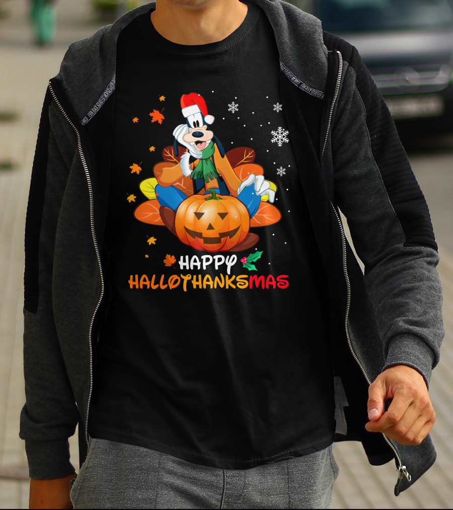 Happy Hallothanksmas Goober Leaves Pumpkin Snowflakes Santa Hat T-Shirt
