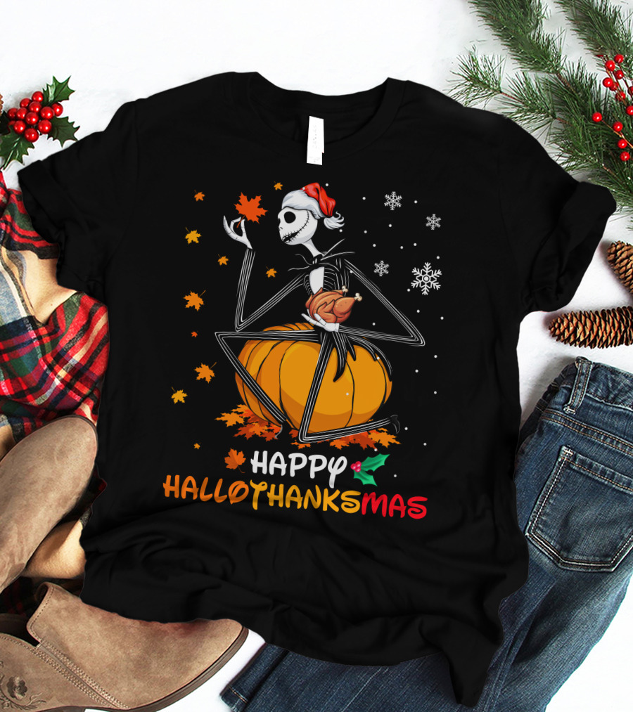 Happy Hallowthanksmas Jack Skellington Pumpkin Turkey Snowflakes T-Shirt