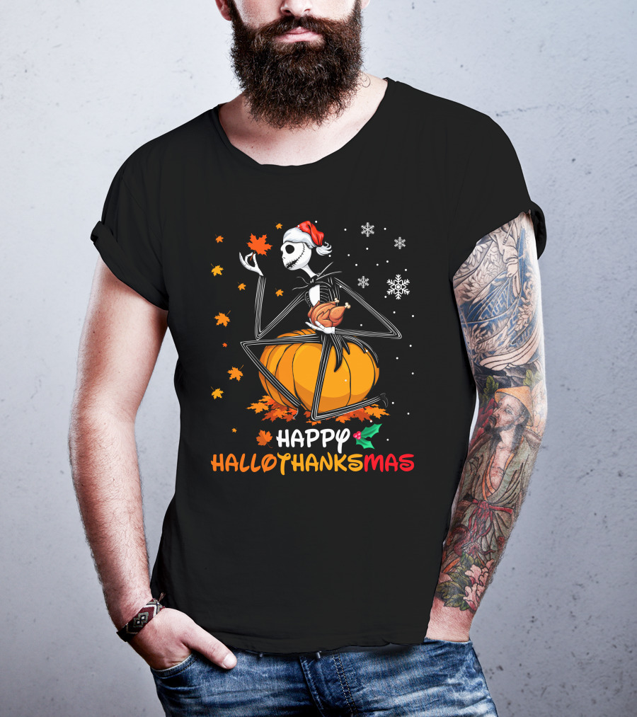 Happy Hallowthanksmas Jack Skellington Pumpkin Turkey Snowflakes T-Shirt