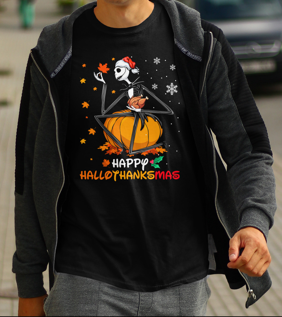 Happy Hallowthanksmas Jack Skellington Pumpkin Turkey Snowflakes T-Shirt