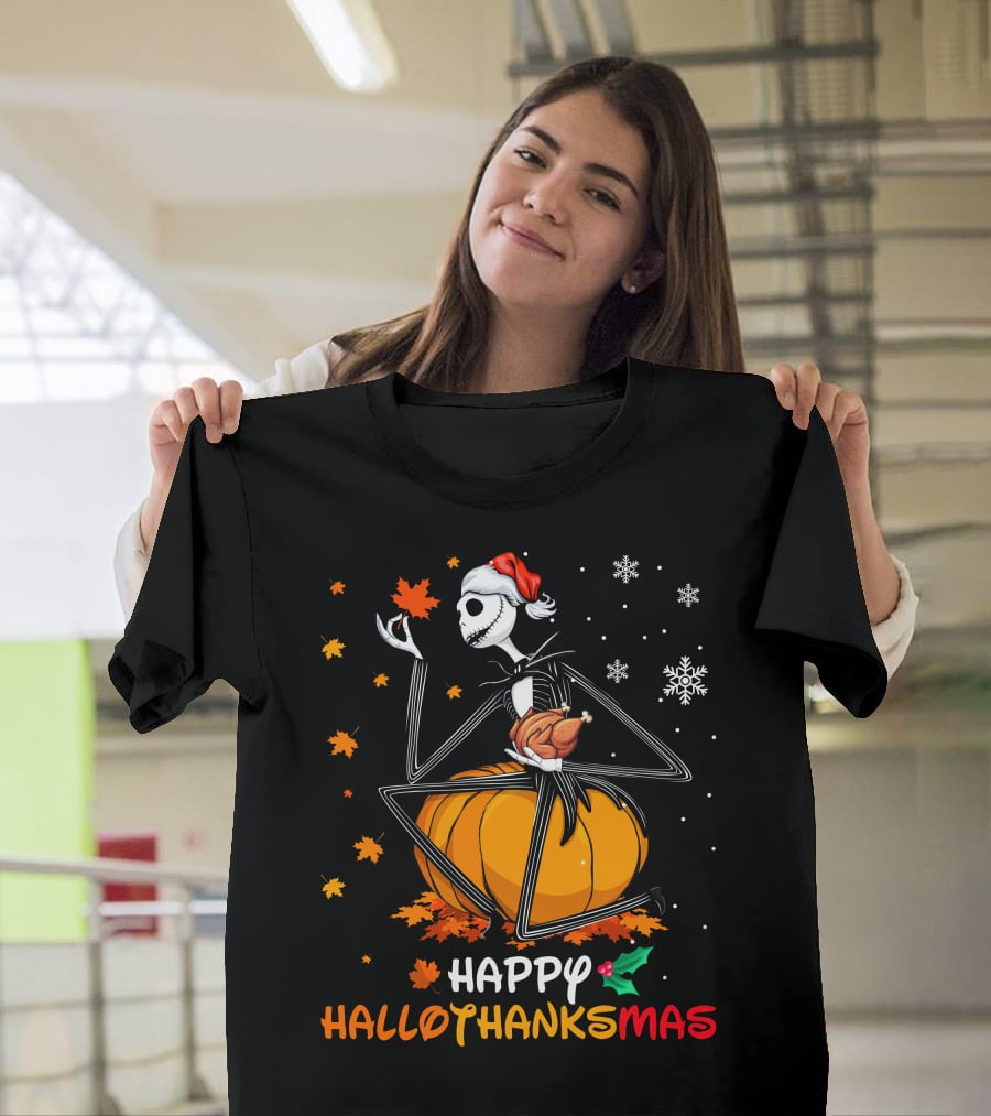 Happy Hallowthanksmas Jack Skellington Pumpkin Turkey Snowflakes T-Shirt
