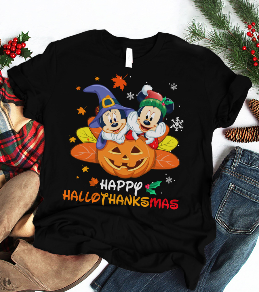 Happy Hallothanksmas Mickey And Minnie T-Shirt