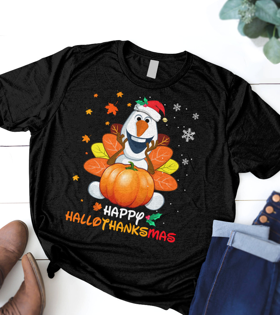 Happy Hallothanksmas Olaf Pumpkin Snowman Santa Hat Snowflakes T-Shirt