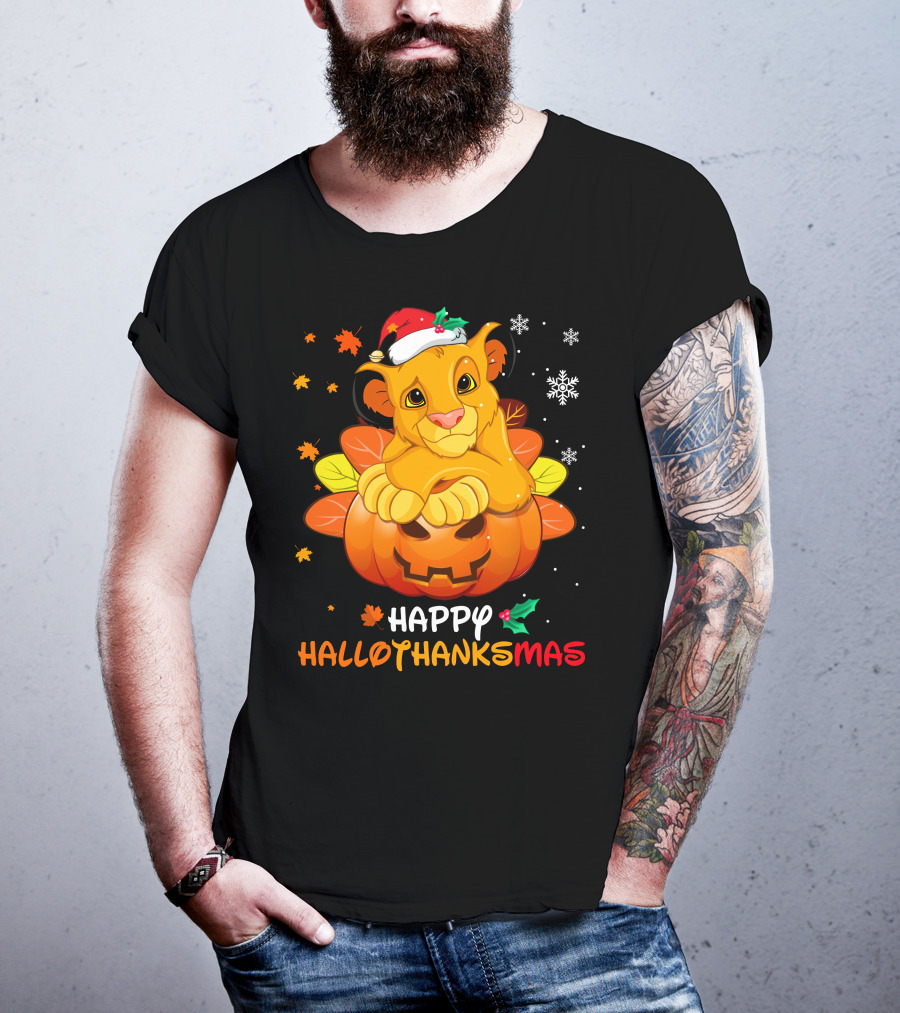 Happy Hallothanksmas Simba Pumpkin Santa Hat Snowflakes T-Shirt