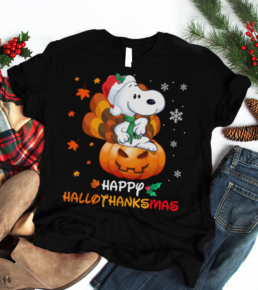 Snoopy Happy Hallothanksmas Pumpkin Snowflakes Santa Hat Scarf T-Shirt