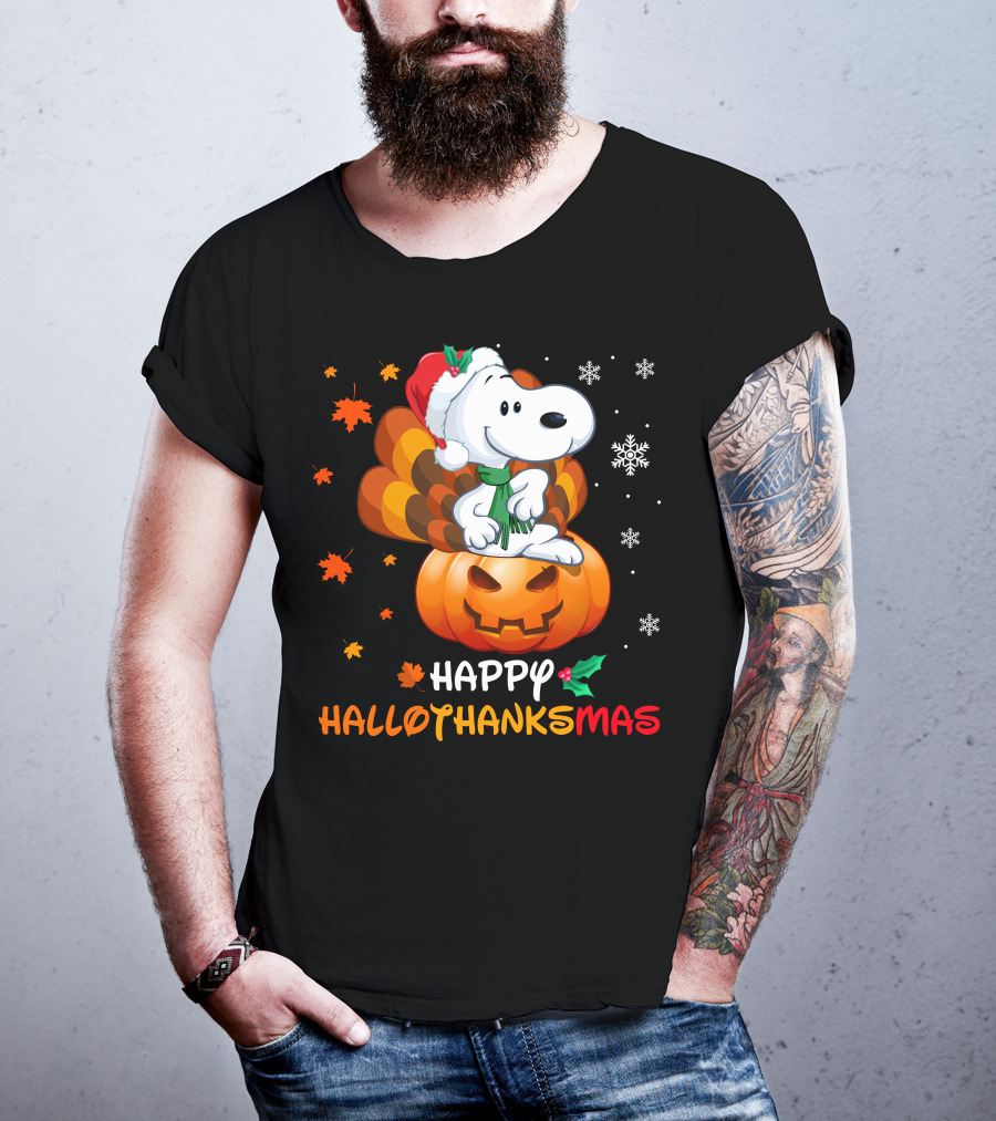 Snoopy Happy Hallothanksmas Pumpkin Snowflakes Santa Hat Scarf T-Shirt