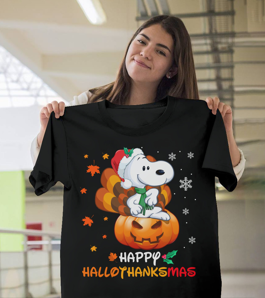 Snoopy Happy Hallothanksmas Pumpkin Snowflakes Santa Hat Scarf T-Shirt