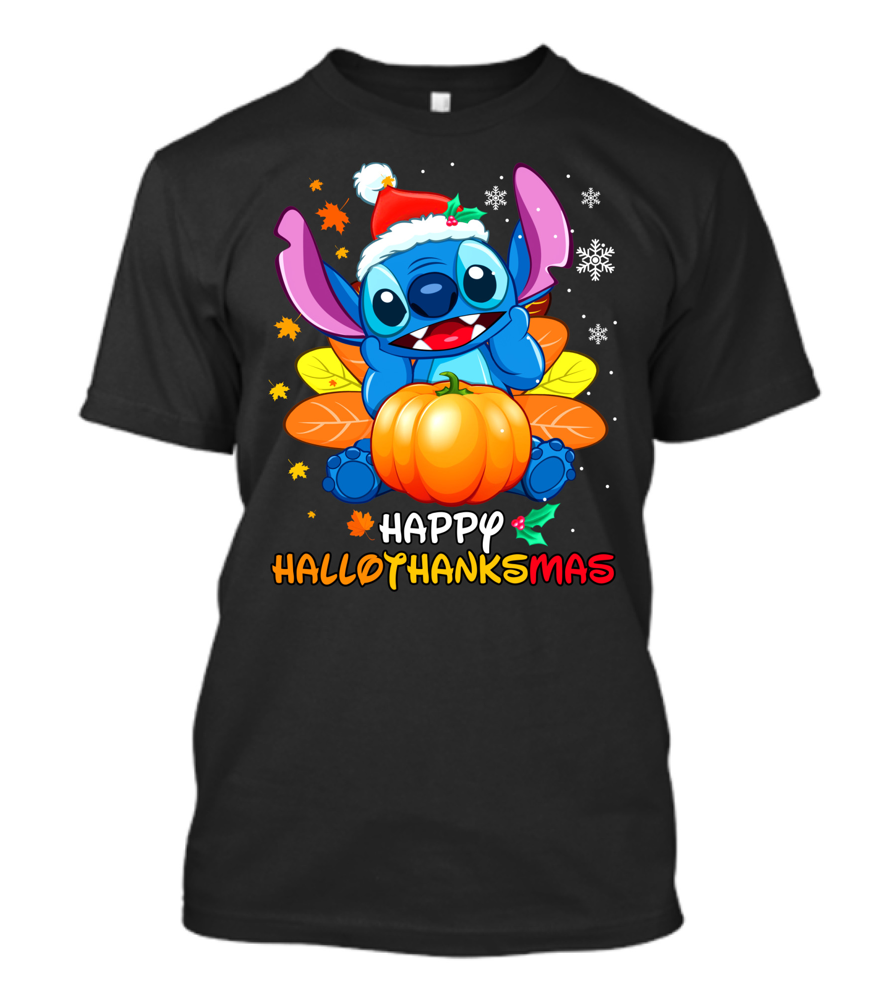 Stitch Happy Hallothanksmas Pumpkin Santa Hat Snowflakes T-Shirt