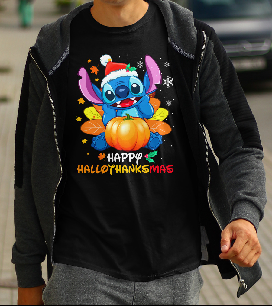 Stitch Happy Hallothanksmas Pumpkin Santa Hat Snowflakes T-Shirt