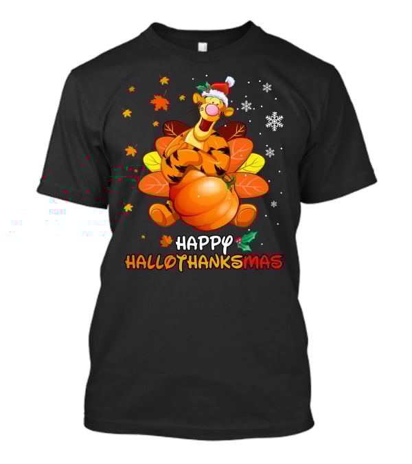 Happy Hallothanksmas Tiger With Pumpkin And Santa Hat T-Shirt