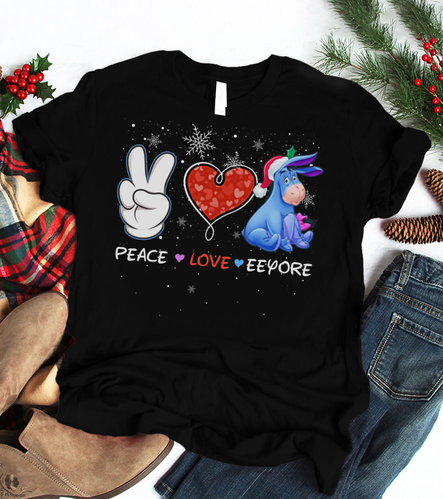 Peace Love Eeyore Santa Hat Winter Snowflakes T-Shirt