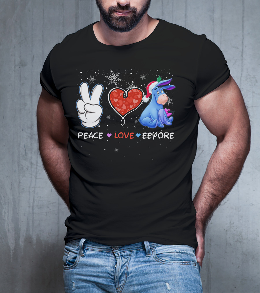 Peace Love Eeyore Santa Hat Winter Snowflakes T-Shirt