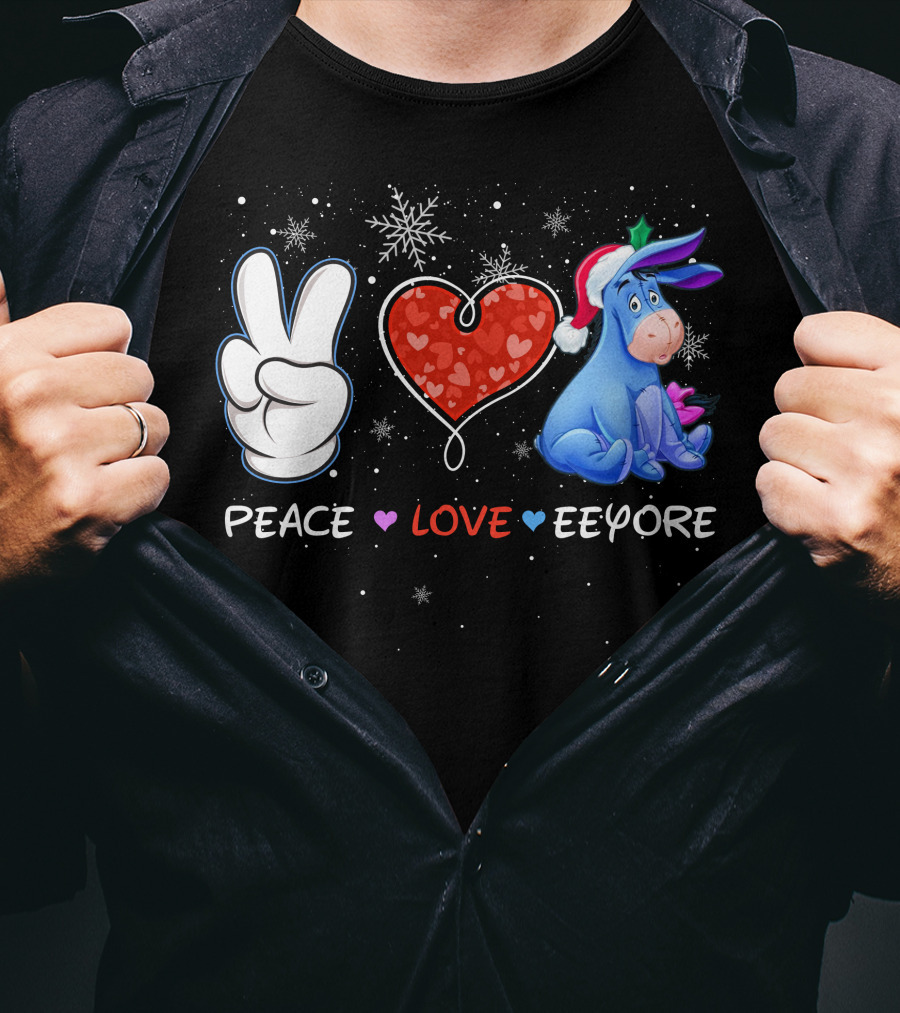 Peace Love Eeyore Santa Hat Winter Snowflakes T-Shirt