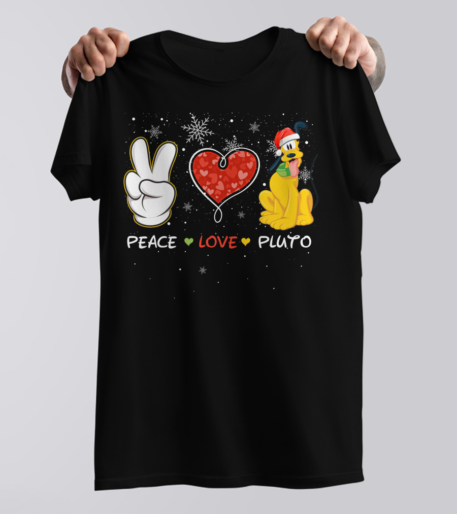 Peace Love Pluto Christmas Santa Hat Snowflakes T-Shirt