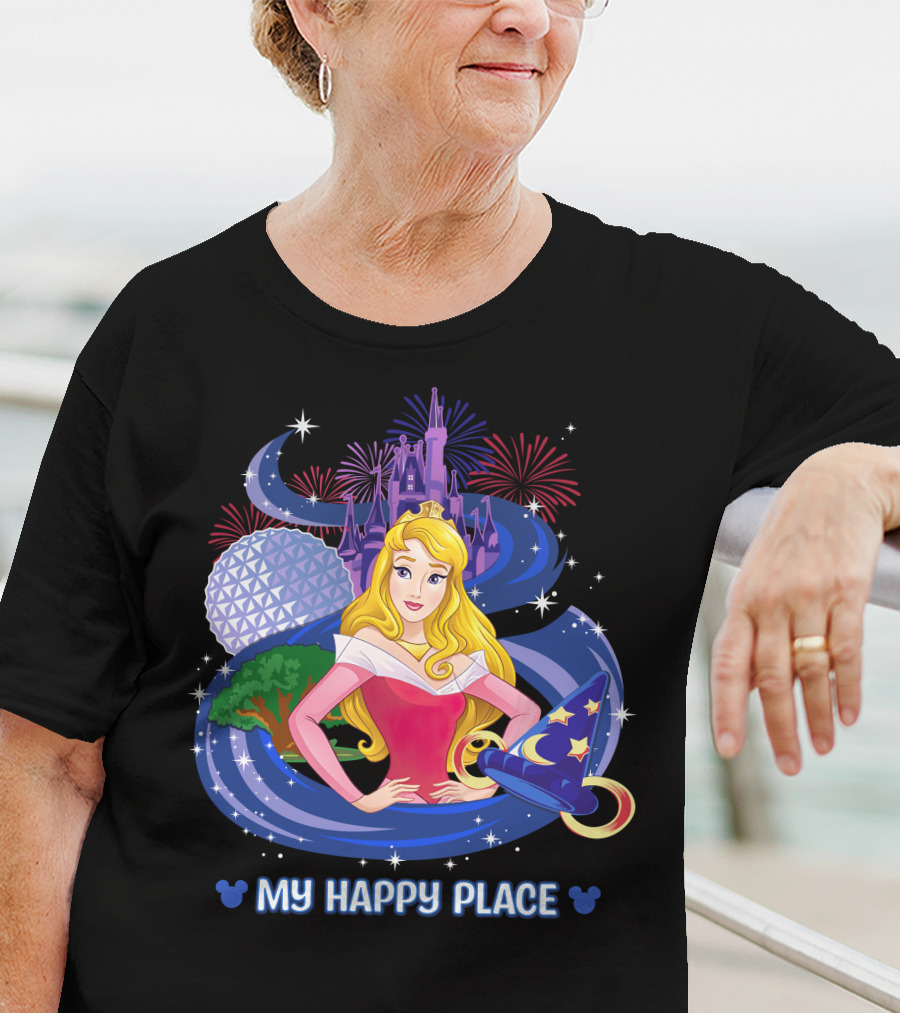 My Happy Place Aurora Disney Princess Epcot Castle Fireworks Sorcerer Hat T-Shirt