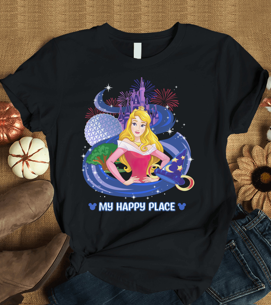 My Happy Place Aurora Disney Princess Epcot Castle Fireworks Sorcerer Hat T-Shirt
