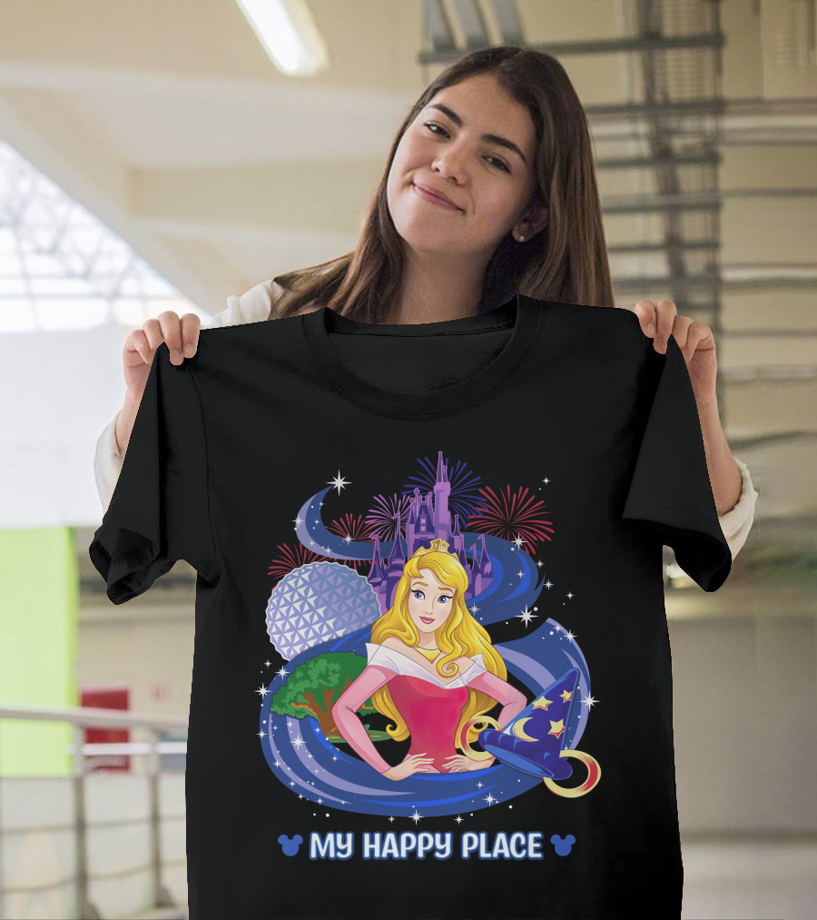 My Happy Place Aurora Disney Princess Epcot Castle Fireworks Sorcerer Hat T-Shirt