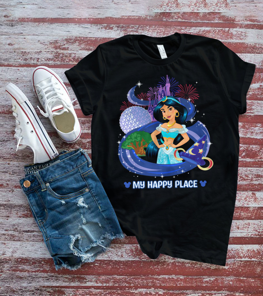 Jasmine My Happy Place Disney Princess Fireworks Magic Castle Mickey Epcot Disney World T-Shirt