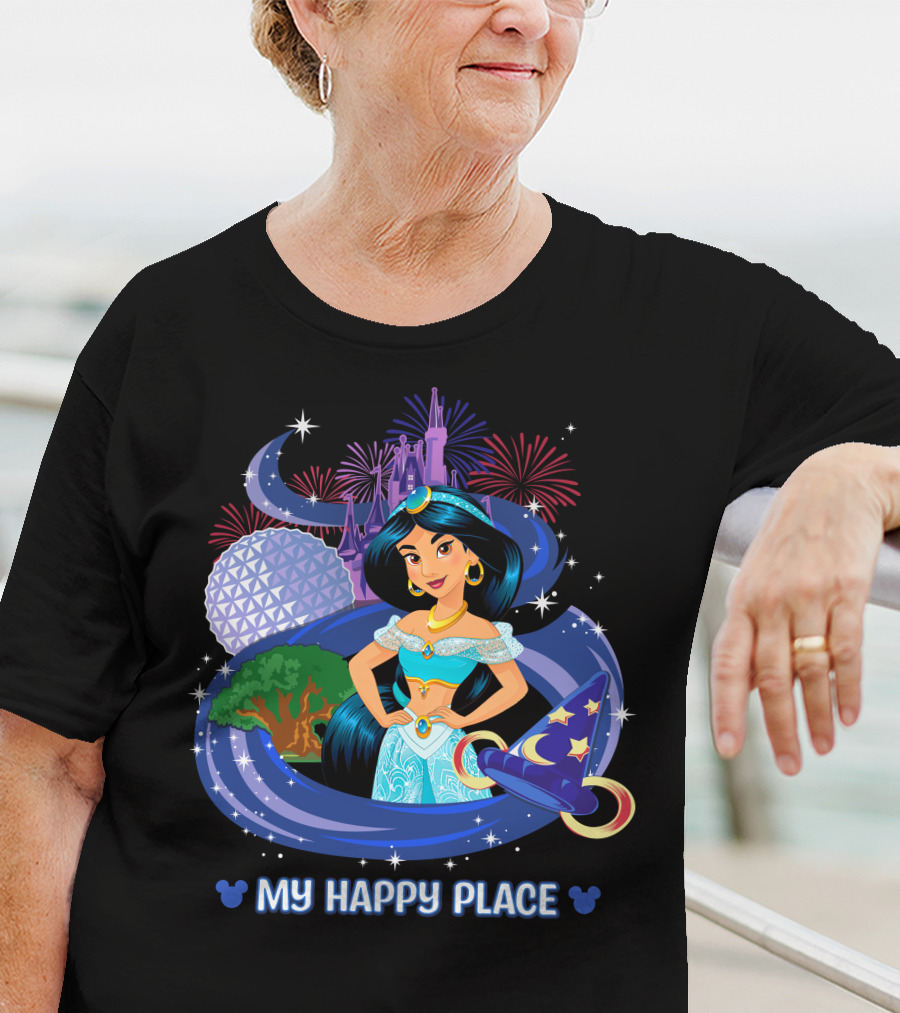 Jasmine My Happy Place Disney Princess Fireworks Magic Castle Mickey Epcot Disney World T-Shirt