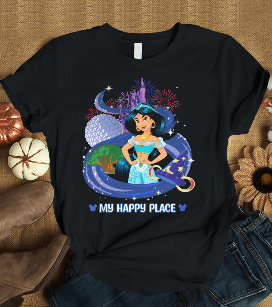 Jasmine My Happy Place Disney Princess Fireworks Magic Castle Mickey Epcot Disney World T-Shirt