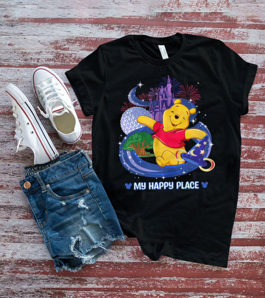 Pooh My Happy Place Disney Fireworks Castle Epcot Sorcerer's Hat T-Shirt