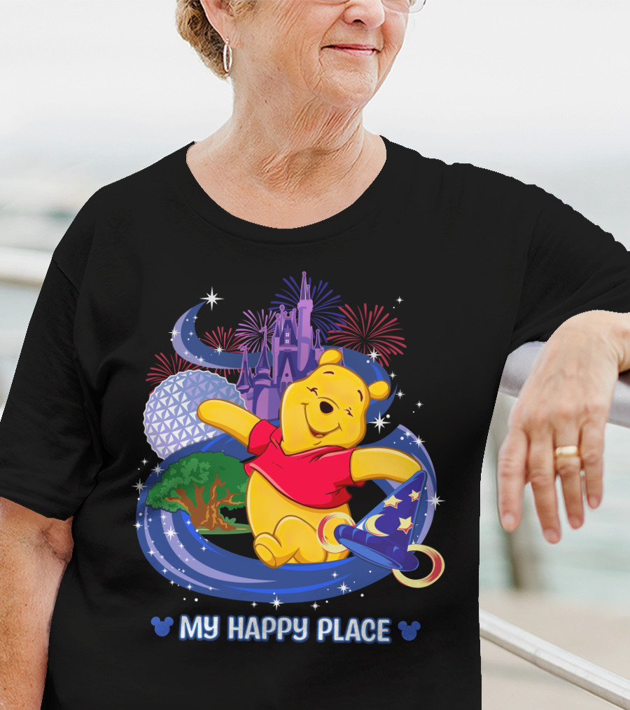 Pooh My Happy Place Disney Fireworks Castle Epcot Sorcerer's Hat T-Shirt