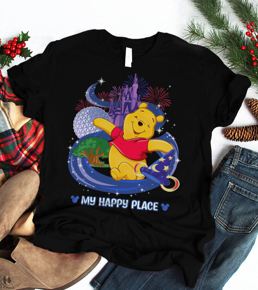 Pooh My Happy Place Disney Fireworks Castle Epcot Sorcerer's Hat T-Shirt