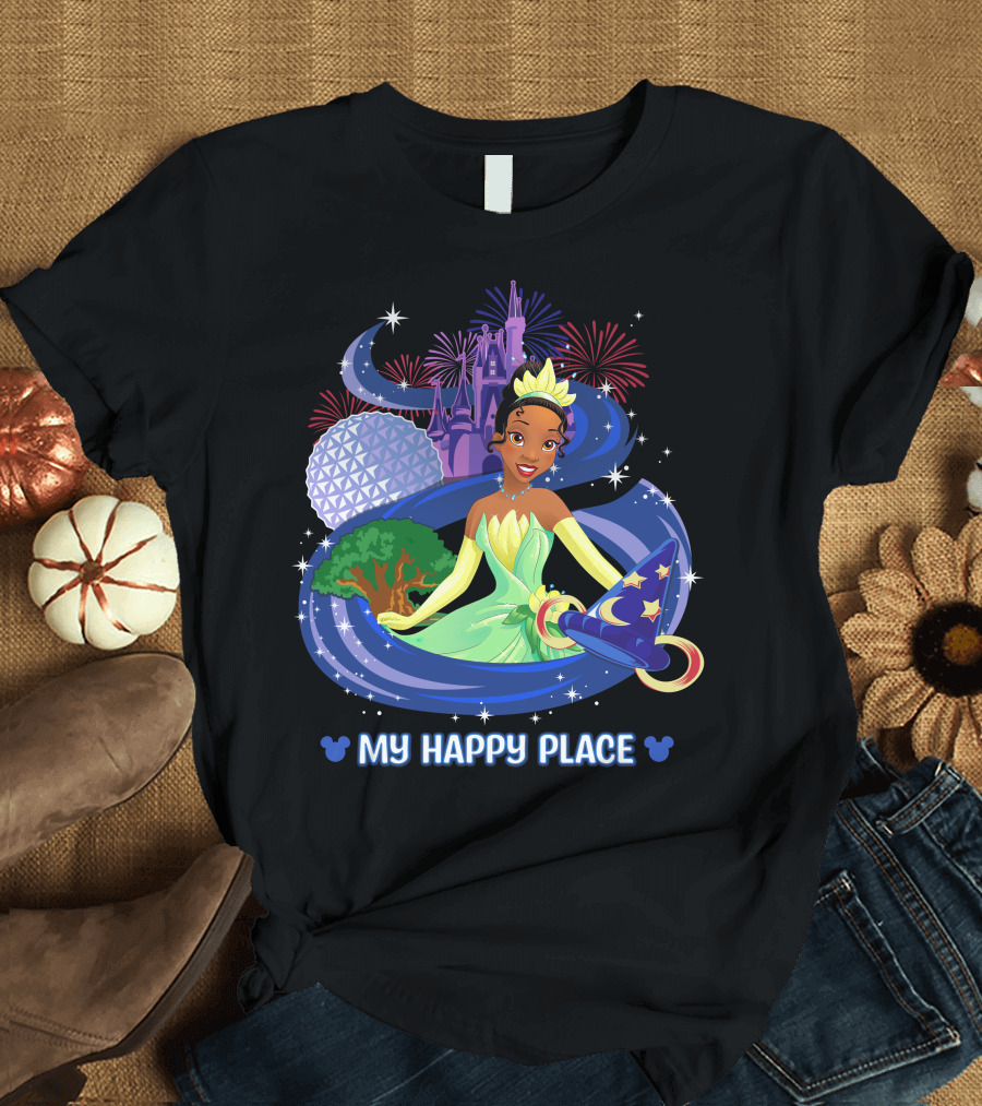 Tiana My Happy Place Disney Parks Epcot Fireworks Castle Sorcerer Hat T-Shirt