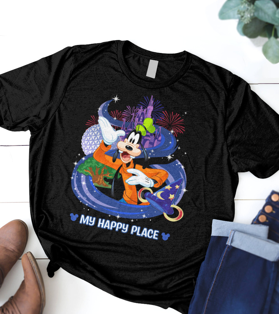 Goofy My Happy Place Disney Fireworks Epcot Sorcerer Mickey's Hat T-Shirt