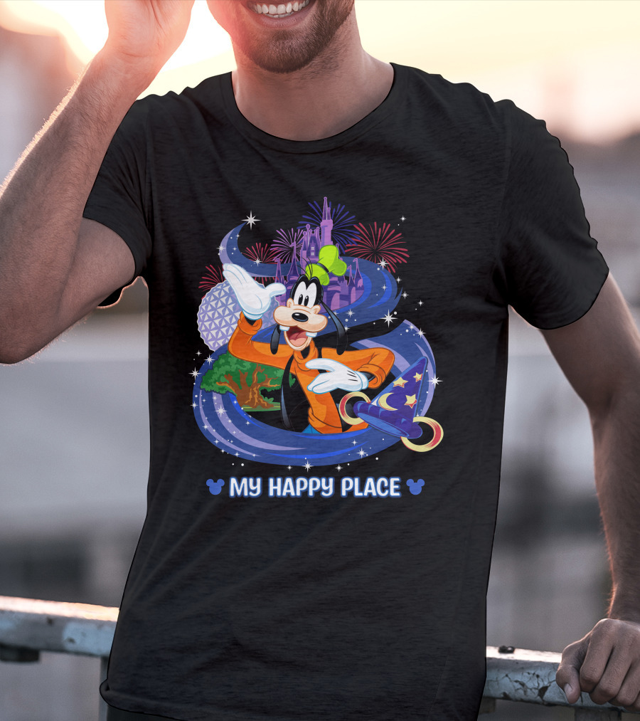 Goofy My Happy Place Disney Fireworks Epcot Sorcerer Mickey's Hat T-Shirt