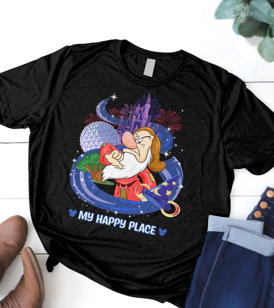 Grumpy My Happy Place Disney World Fireworks Mickey Ears T-Shirt