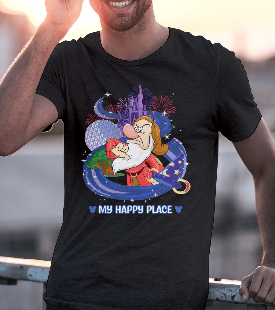 Grumpy My Happy Place Disney World Fireworks Mickey Ears T-Shirt