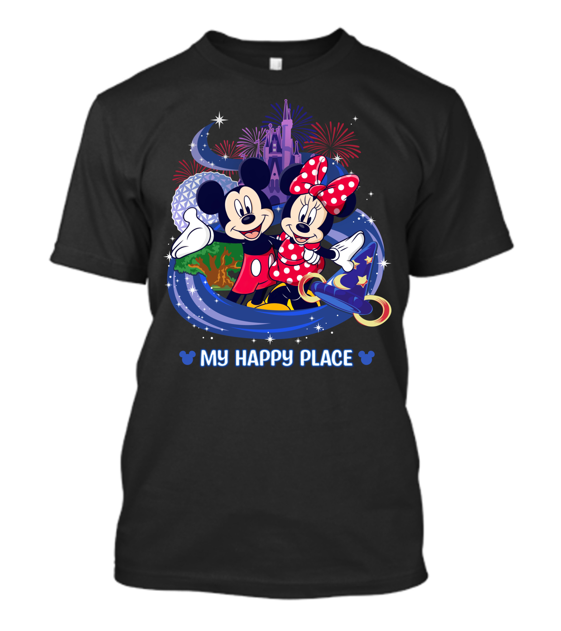 Mickey Minnie My Happy Place Disney Castle Fireworks T-Shirt